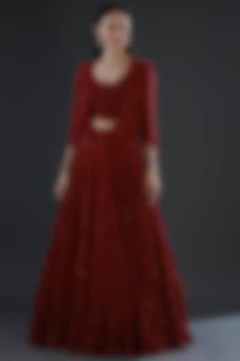 Red Organza Embellished Jacket Bridal Lehenga Set by Ridhima Bhasin at Pernia's Pop Up Shop