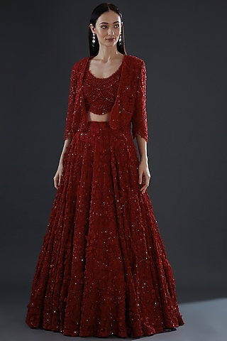 Red Organza Embellished Jacket Lehenga Set by Ridhima Bhasin