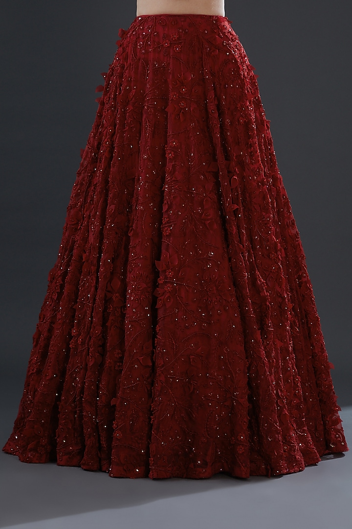 Red Organza Embellished Jacket Bridal Lehenga Set by Ridhima Bhasin at Pernia's Pop Up Shop