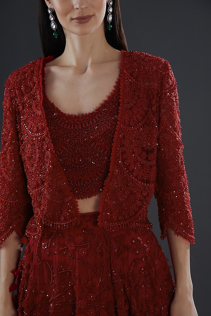 Red Organza Embellished Jacket Bridal Lehenga Set by Ridhima Bhasin at Pernia's Pop Up Shop