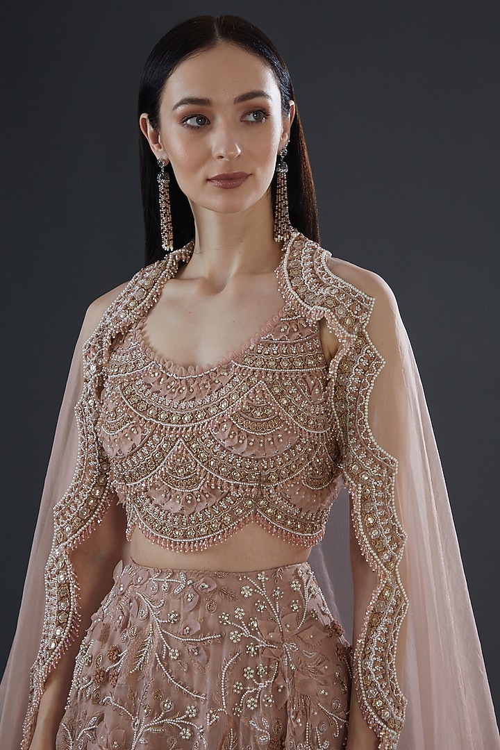 Blush Pink Organza & Tulle Embroidered Bridal Lehenga Set by Ridhima Bhasin at Pernia's Pop Up Shop