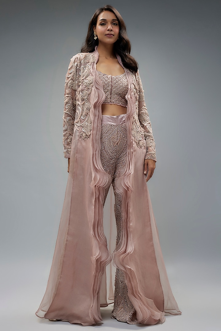 Blush Pink Pure Organza & Net Embellished Frilled Jacket Set by Ridhima Bhasin at Pernia's Pop Up Shop