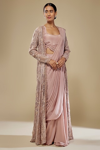 Blush Pink Organza & Flat Chiffon Embroidered Draped Jacket Saree Set by Ridhima Bhasin
