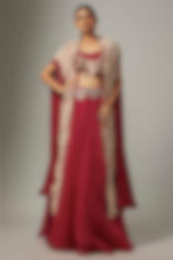 Red Pure Organza Embroidered Jacket Wedding Lehenga Set by Ridhima Bhasin at Pernia's Pop Up Shop
