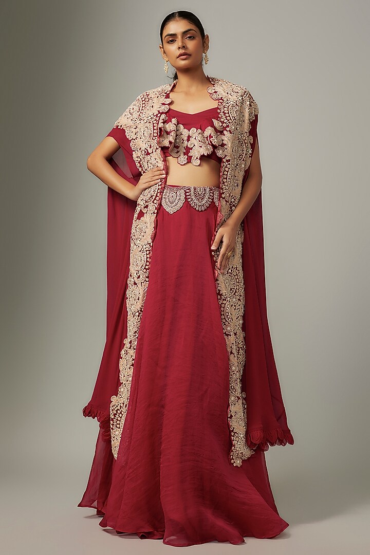 Red Pure Organza Embroidered Jacket Wedding Lehenga Set by Ridhima Bhasin at Pernia's Pop Up Shop