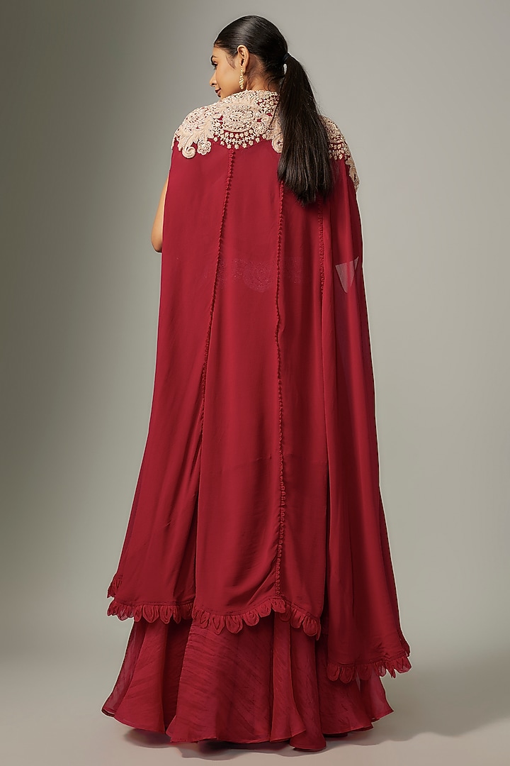 Red Pure Organza Embroidered Jacket Wedding Lehenga Set by Ridhima Bhasin at Pernia's Pop Up Shop