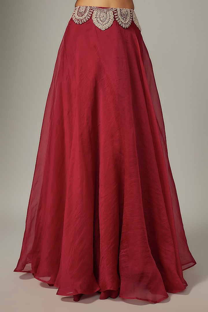 Red Pure Organza Embroidered Jacket Wedding Lehenga Set by Ridhima Bhasin at Pernia's Pop Up Shop