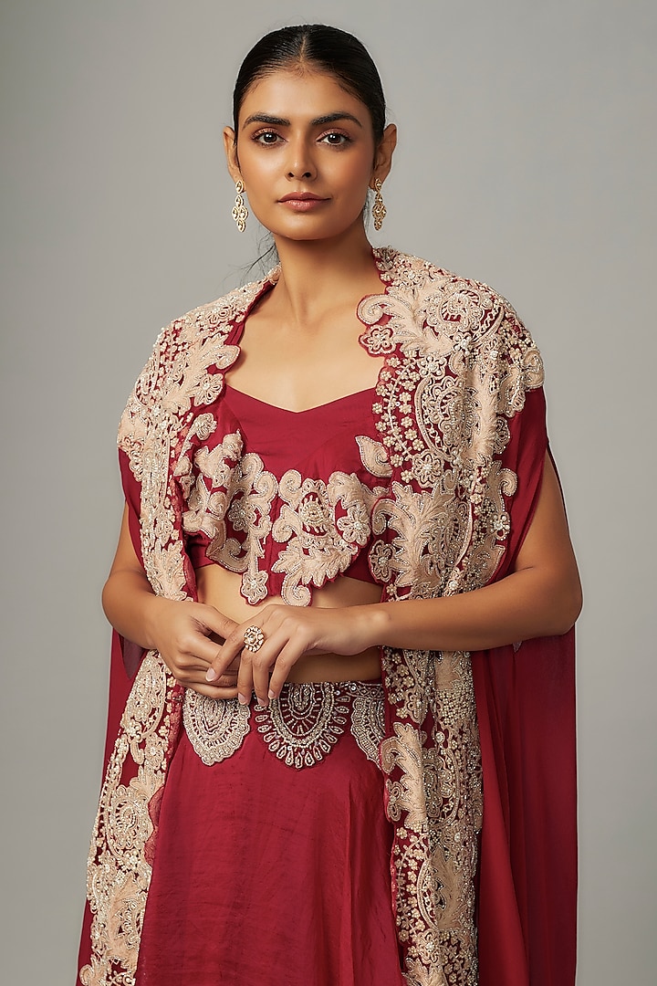 Red Pure Organza Embroidered Jacket Wedding Lehenga Set by Ridhima Bhasin at Pernia's Pop Up Shop