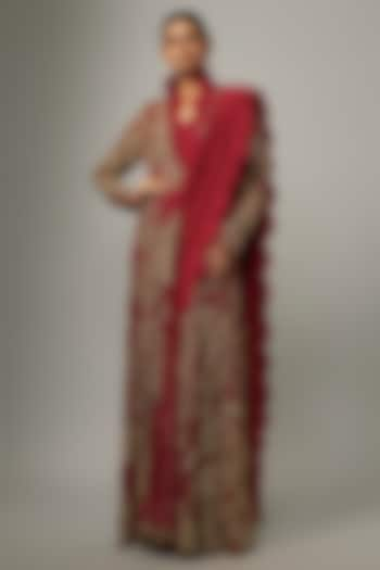 Red Flat Chiffon Pre-Draped Jacket Saree Set by Ridhima Bhasin at Pernia's Pop Up Shop