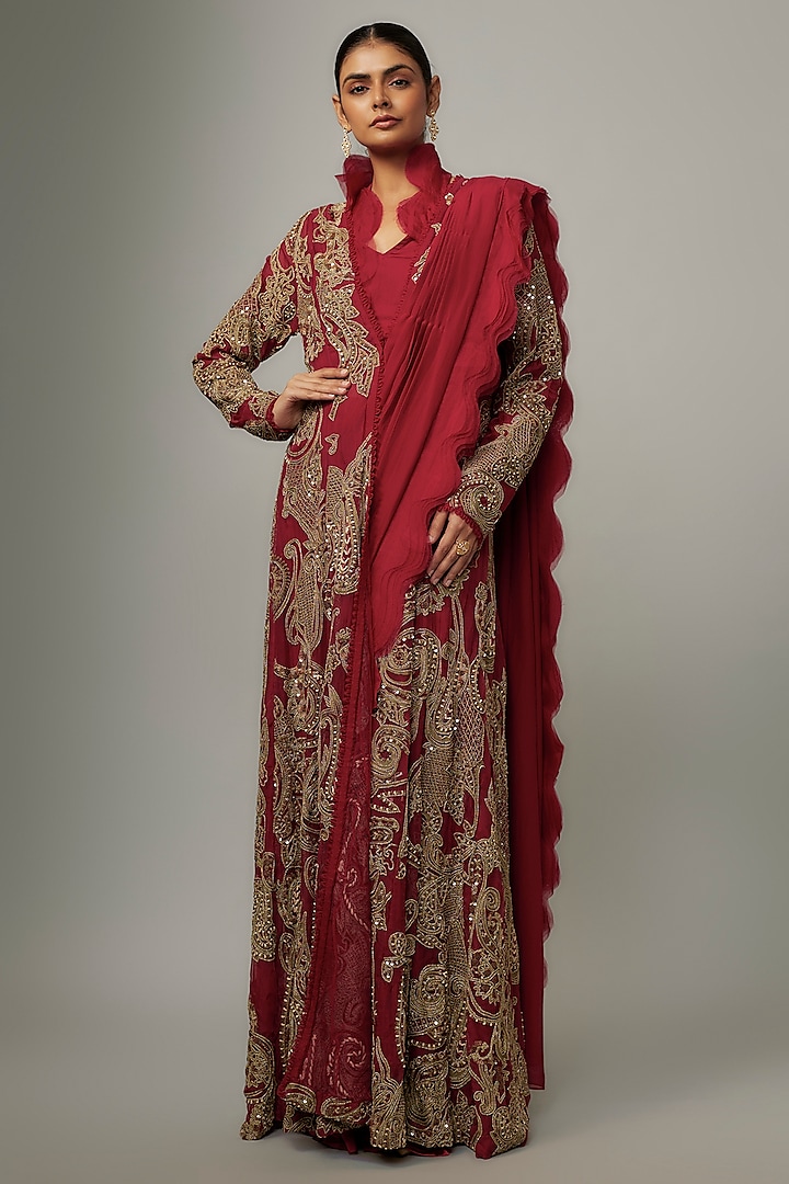 Red Flat Chiffon Pre-Draped Jacket Saree Set by Ridhima Bhasin at Pernia's Pop Up Shop