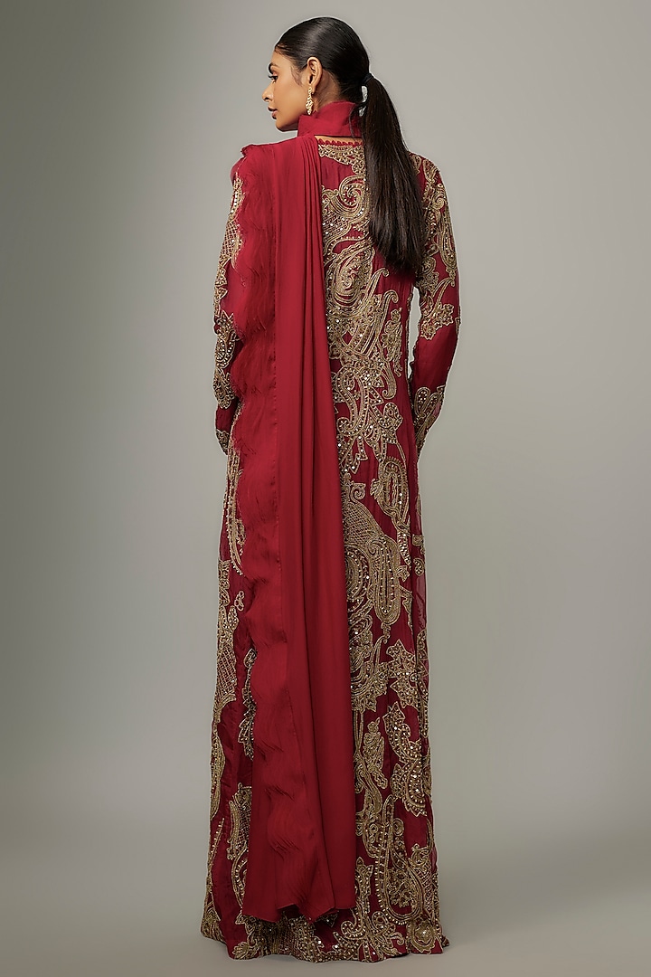 Red Flat Chiffon Pre-Draped Jacket Bridal Saree Set by Ridhima Bhasin at Pernia's Pop Up Shop