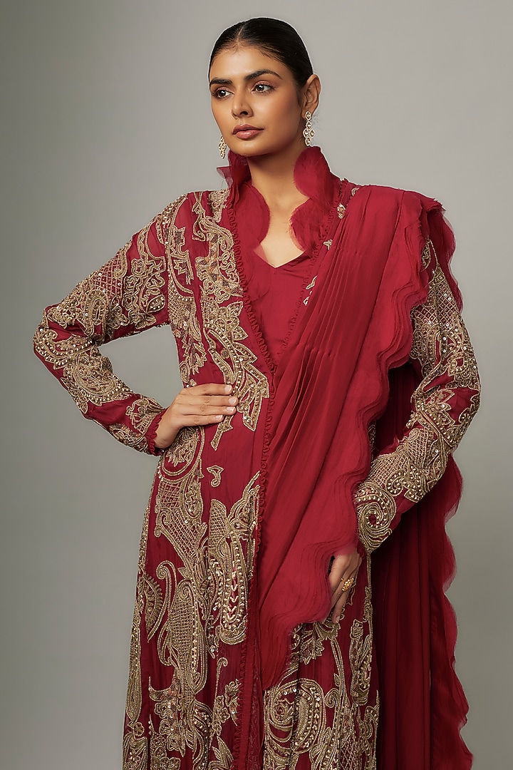 Red Flat Chiffon Pre-Draped Jacket Bridal Saree Set by Ridhima Bhasin at Pernia's Pop Up Shop