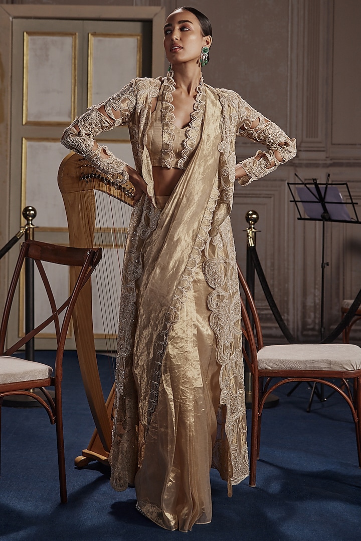 Gold Foil Tissue Frill Pre-Draped Jacket Saree Set by Ridhima Bhasin at Pernia's Pop Up Shop