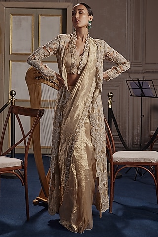 Gold Foil Tissue Frill Pre-Draped Jacket Saree Set by Ridhima Bhasin
