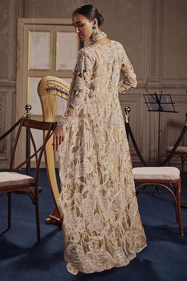 Gold Foil Tissue Frill Pre-Draped Jacket Bridal Saree Set by Ridhima Bhasin at Pernia's Pop Up Shop