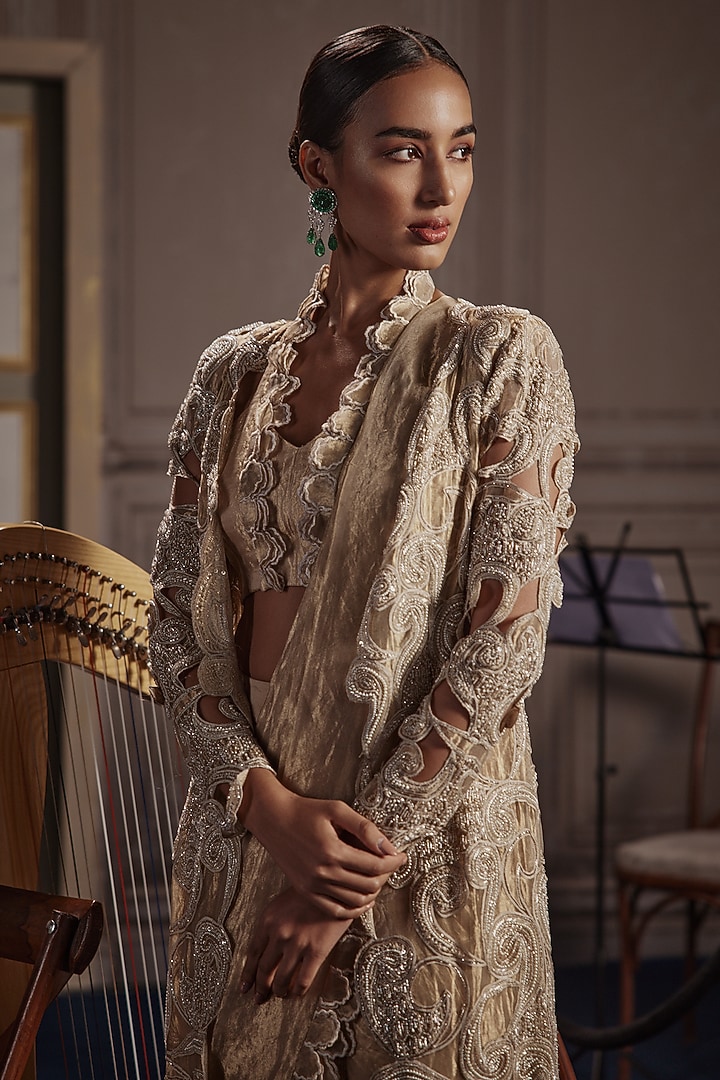 Gold Foil Tissue Frill Pre-Draped Jacket Bridal Saree Set by Ridhima Bhasin at Pernia's Pop Up Shop