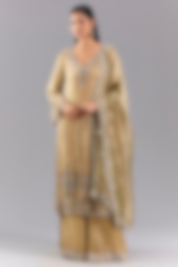 Gold Tissue Foil Embroidered Bridal Sharara Set by Ridhima Bhasin at Pernia's Pop Up Shop