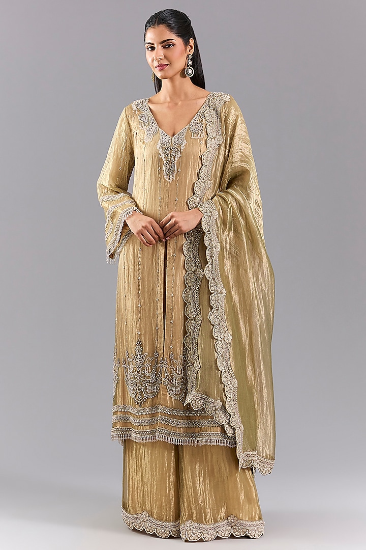 Gold Tissue Foil Embroidered Bridal Sharara Set by Ridhima Bhasin at Pernia's Pop Up Shop