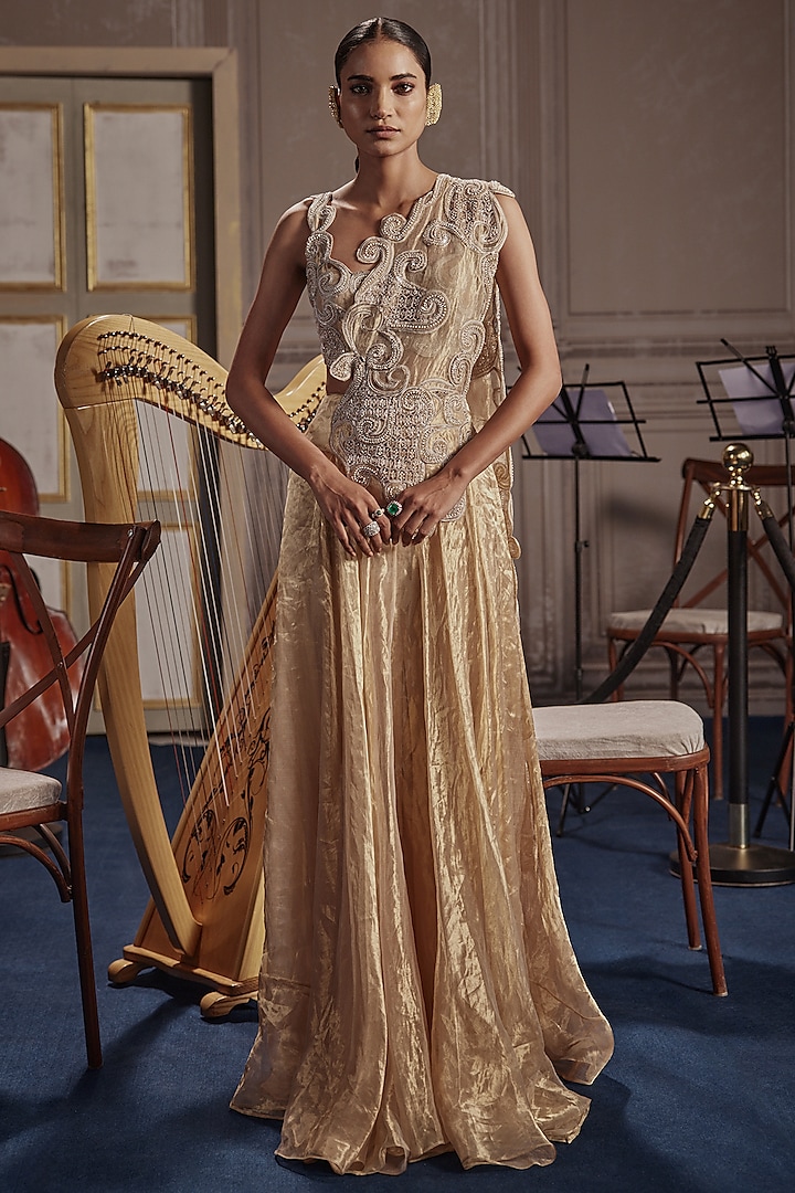 Gold Foil Tissue Embroidered Skirt Set by Ridhima Bhasin at Pernia's Pop Up Shop