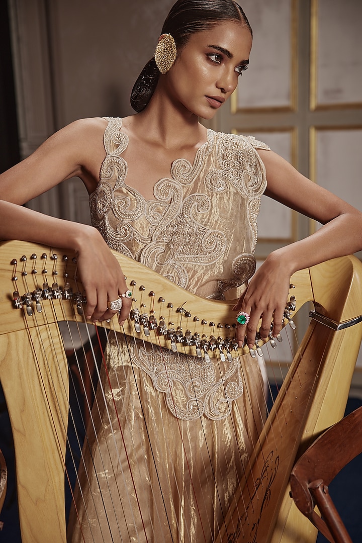 Gold Foil Tissue Embroidered Skirt Set by Ridhima Bhasin at Pernia's Pop Up Shop