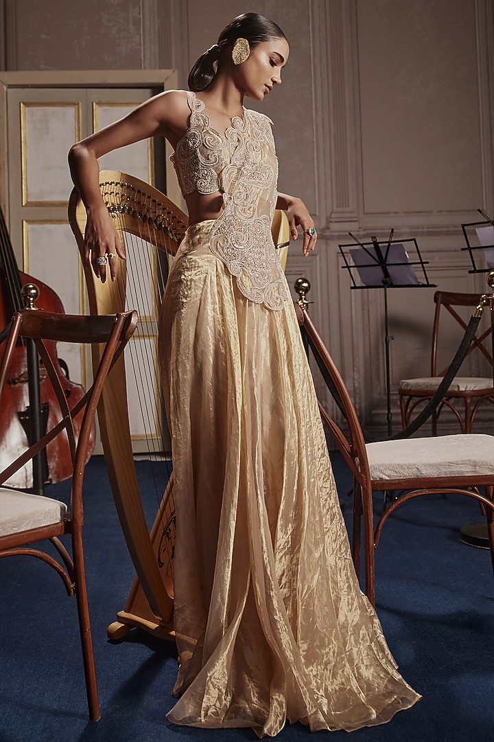 Gold Foil Tissue Embroidered Skirt Set by Ridhima Bhasin at Pernia's Pop Up Shop