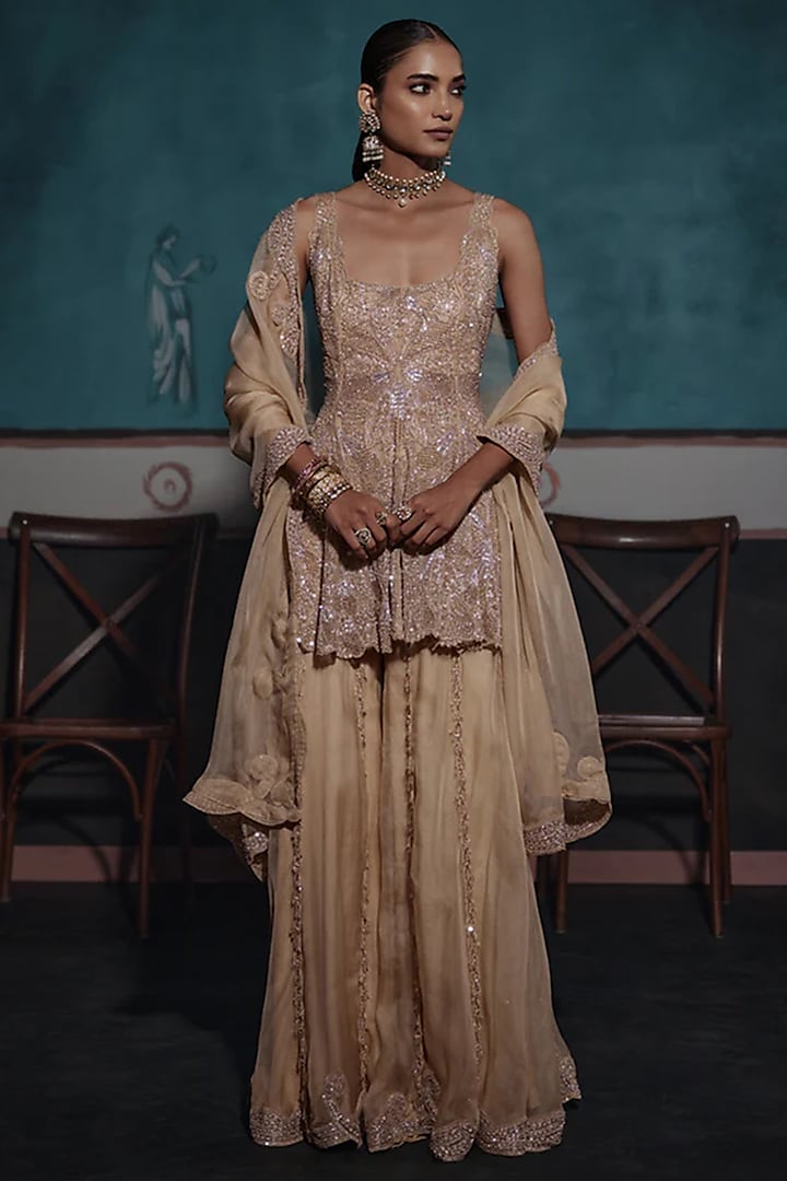 Gold Organza Embroidered Bridal Sharara Set by Ridhima Bhasin at Pernia's Pop Up Shop