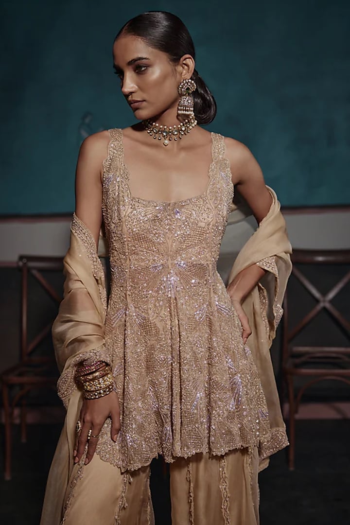 Gold Organza Embroidered Bridal Sharara Set by Ridhima Bhasin at Pernia's Pop Up Shop