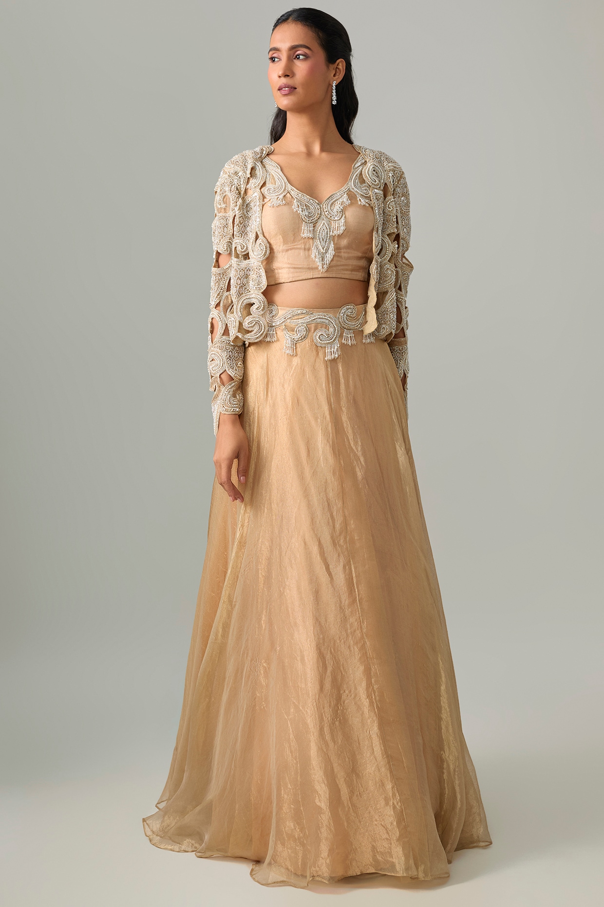 Ridhima Bhasin Gold Foil Tissue Cutwork Embellished Jacket Lehenga Set