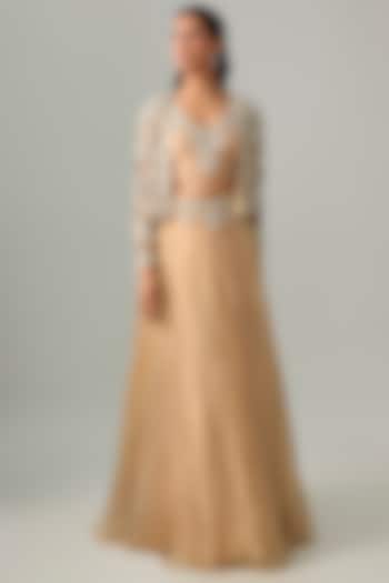 Gold Foil Tissue Cutwork Embellished Jacket Wedding Lehenga Set by Ridhima Bhasin at Pernia's Pop Up Shop