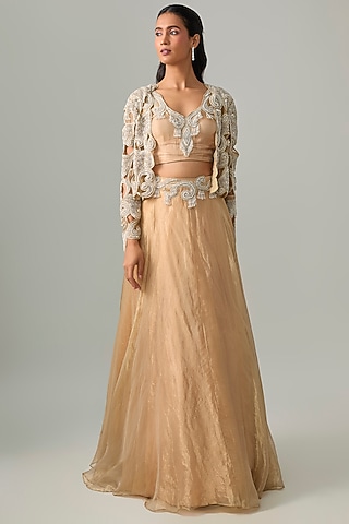 Gold Foil Tissue Cutwork Embellished Jacket Lehenga Set by Ridhima Bhasin