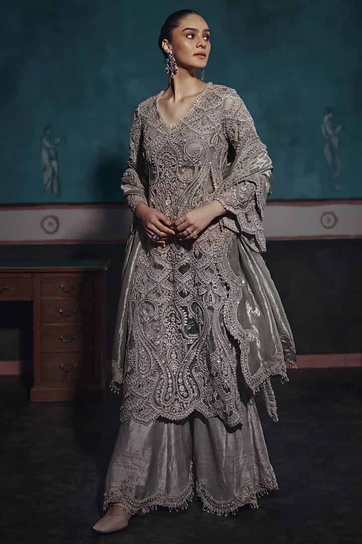 Silver Silk & Net Embroidered Bridal Sharara Set by Ridhima Bhasin at Pernia's Pop Up Shop
