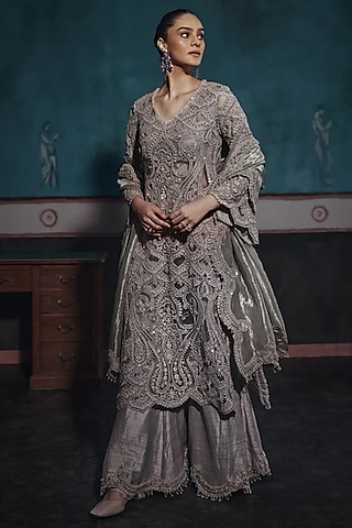 Silver Silk & Net Embroidered Sharara Set by Ridhima Bhasin