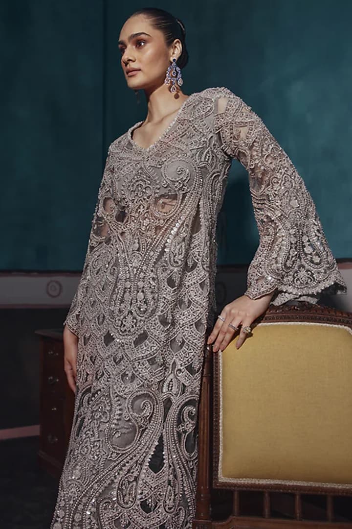 Silver Silk & Net Embroidered Bridal Sharara Set by Ridhima Bhasin at Pernia's Pop Up Shop
