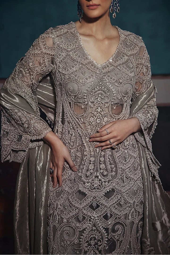 Silver Silk & Net Embroidered Bridal Sharara Set by Ridhima Bhasin at Pernia's Pop Up Shop