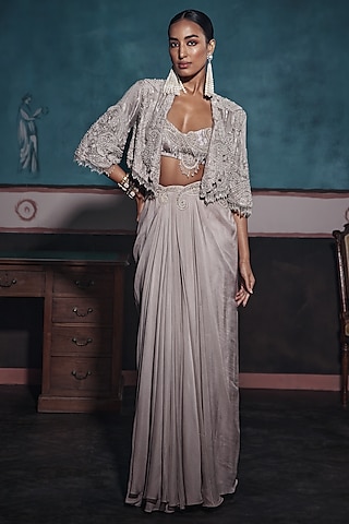 Silver Foil Tissue & Chiffon Pleated Draped Skirt Set by Ridhima Bhasin