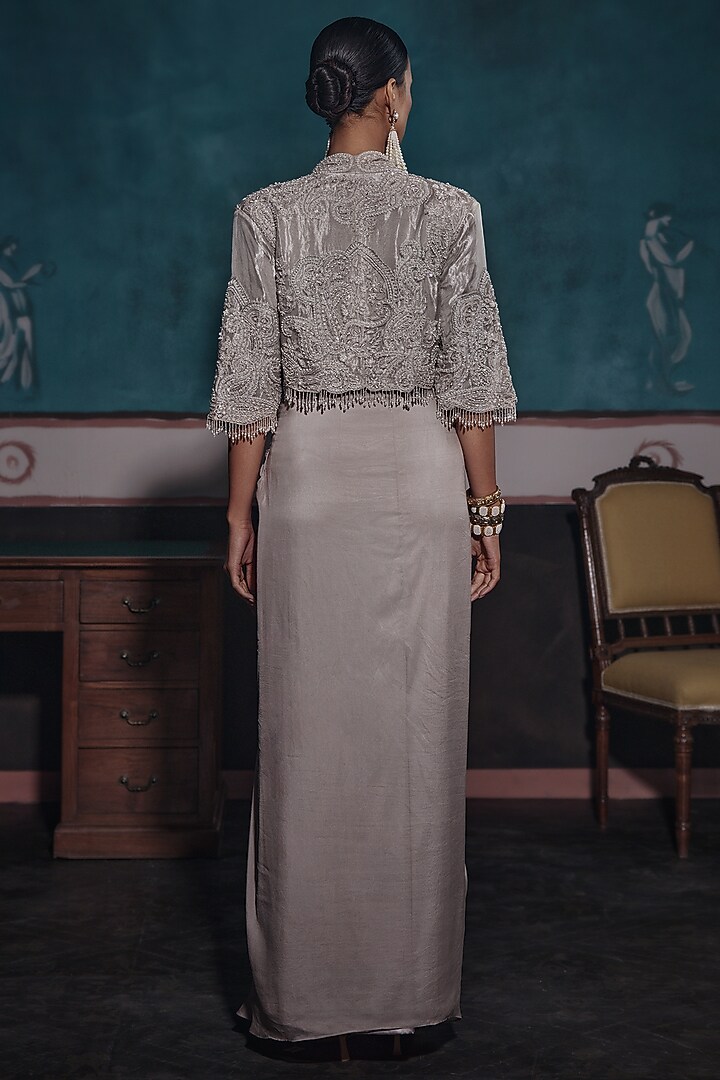 Silver Foil Tissue & Chiffon Pleated Draped Skirt Set by Ridhima Bhasin at Pernia's Pop Up Shop