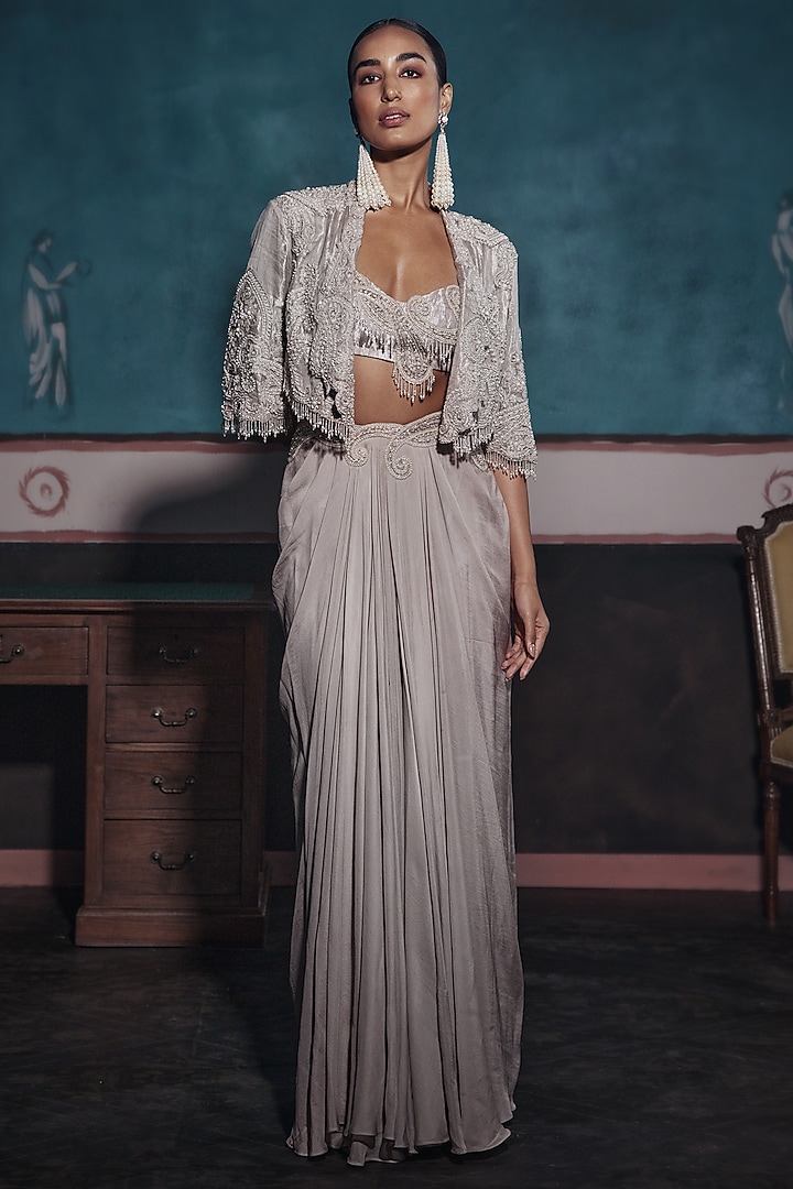 Silver Foil Tissue & Chiffon Pleated Draped Skirt Set by Ridhima Bhasin at Pernia's Pop Up Shop