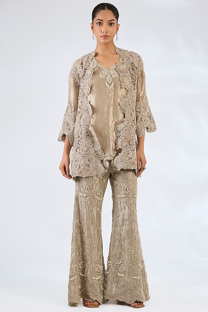 Silver Pure Tissue Jacket Set by Ridhima Bhasin at Pernia's Pop Up Shop