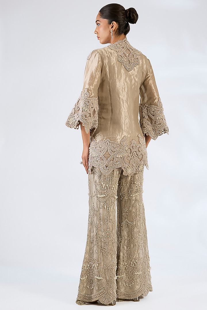 Silver Pure Tissue Jacket Set by Ridhima Bhasin at Pernia's Pop Up Shop