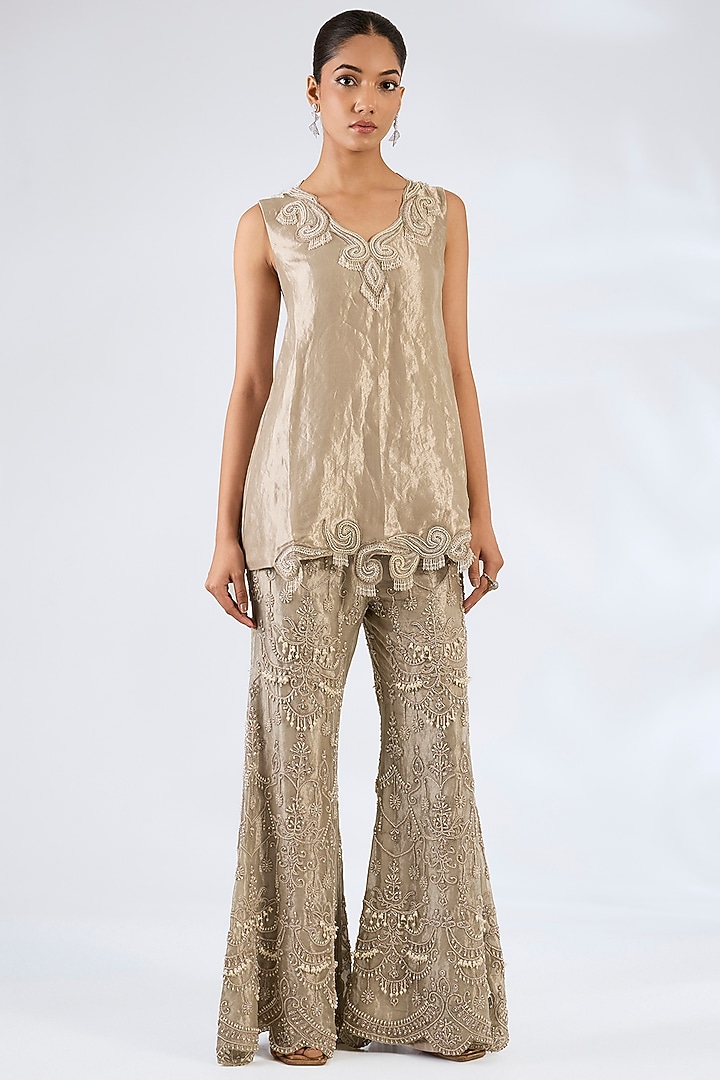Silver Pure Tissue Jacket Set by Ridhima Bhasin at Pernia's Pop Up Shop