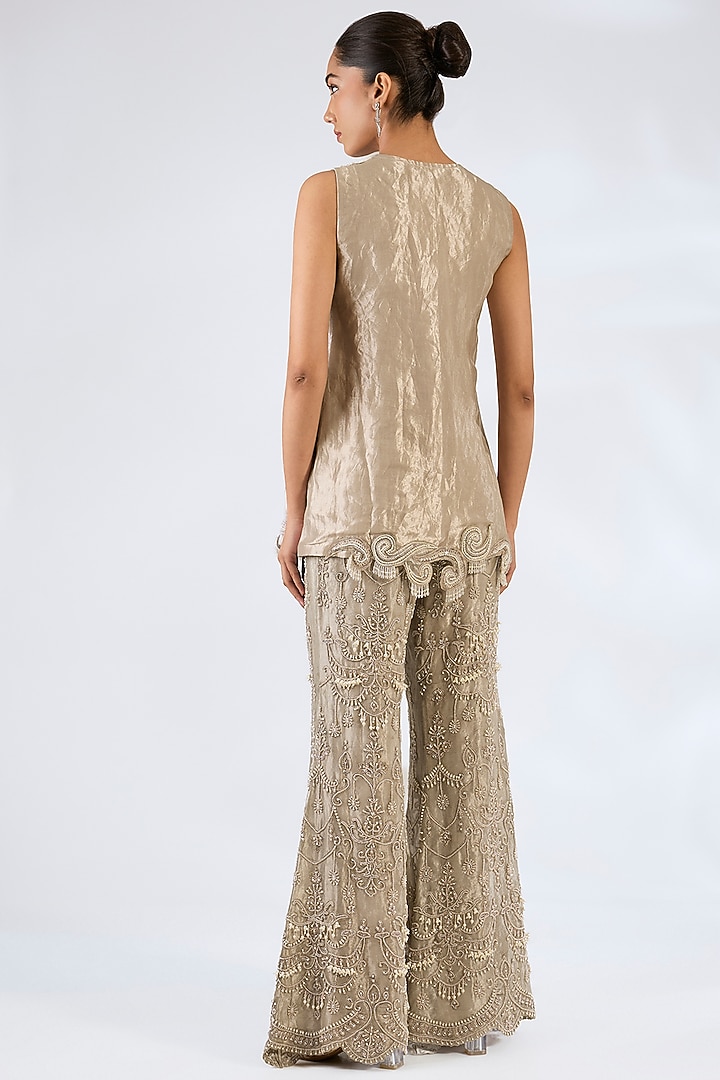 Silver Pure Tissue Jacket Set by Ridhima Bhasin at Pernia's Pop Up Shop