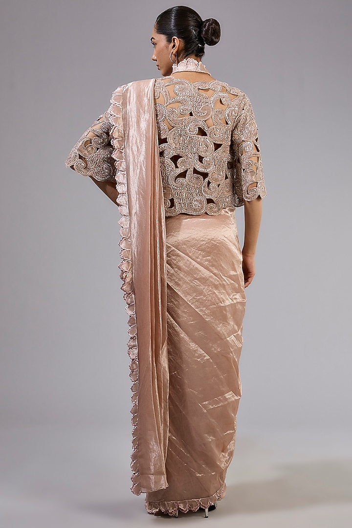 Gold Tissue Foil Embellished Jacket Reception Saree Set by Ridhima Bhasin at Pernia's Pop Up Shop