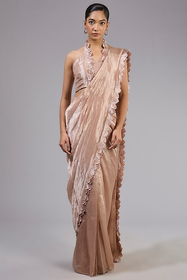Gold Tissue Foil Embellished Jacket Reception Saree Set by Ridhima Bhasin at Pernia's Pop Up Shop