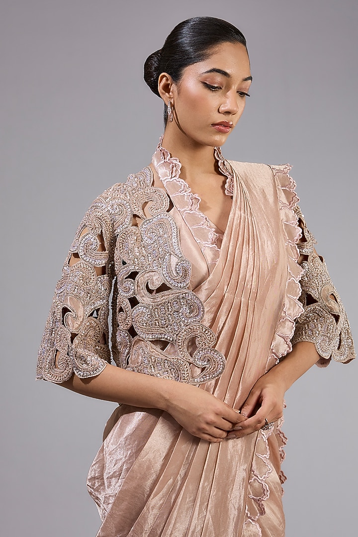 Gold Tissue Foil Embellished Jacket Reception Saree Set by Ridhima Bhasin at Pernia's Pop Up Shop