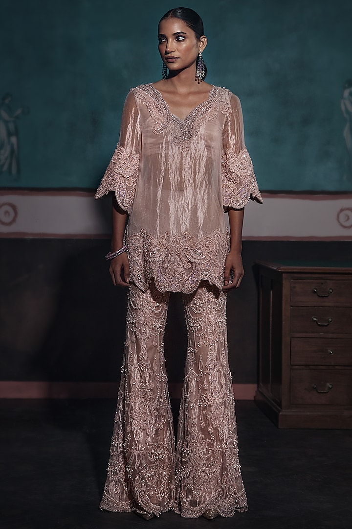 Pink Foil Tissue Embellished Pant Set by Ridhima Bhasin at Pernia's Pop Up Shop