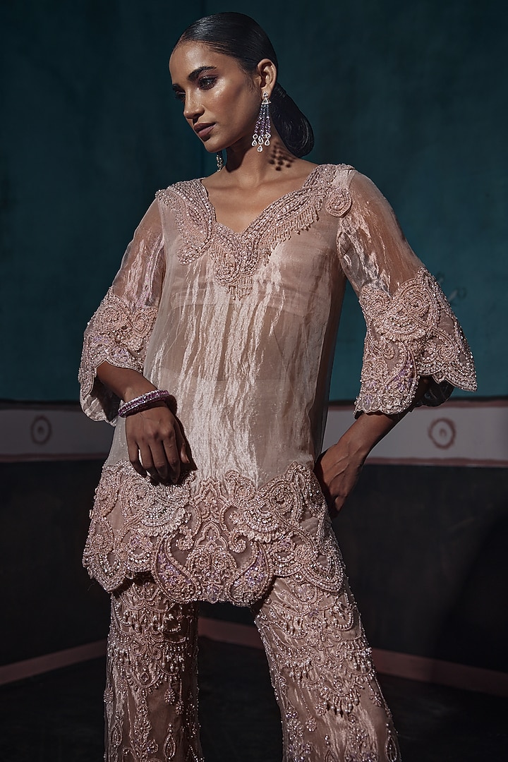 Pink Foil Tissue Embellished Pant Set by Ridhima Bhasin at Pernia's Pop Up Shop