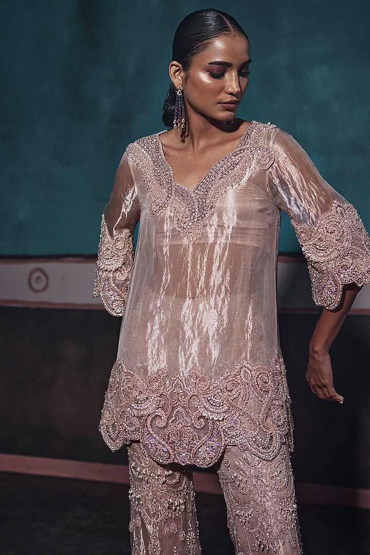 Pink Foil Tissue Embellished Pant Set by Ridhima Bhasin at Pernia's Pop Up Shop