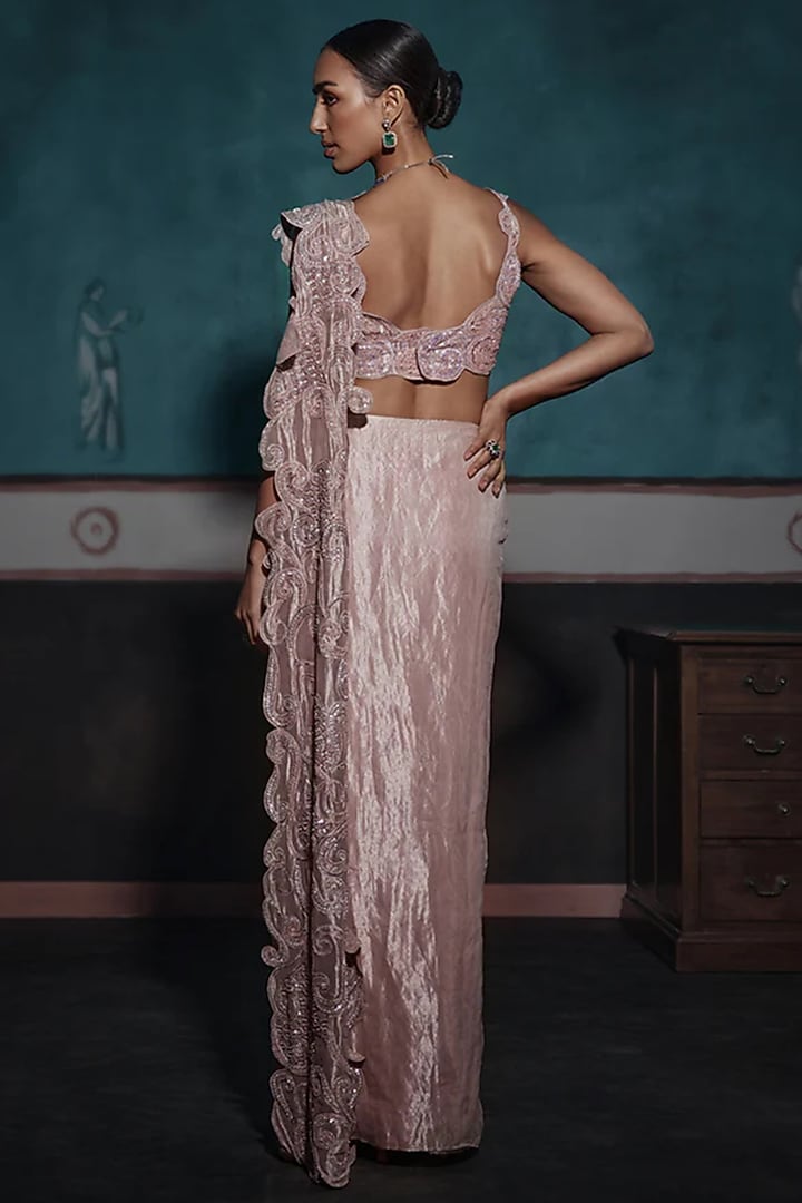 Pink Tissue Foil Embroidered Skirt Reception Saree Set by Ridhima Bhasin at Pernia's Pop Up Shop