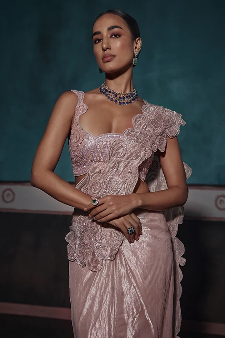 Pink Tissue Foil Embroidered Skirt Reception Saree Set by Ridhima Bhasin at Pernia's Pop Up Shop