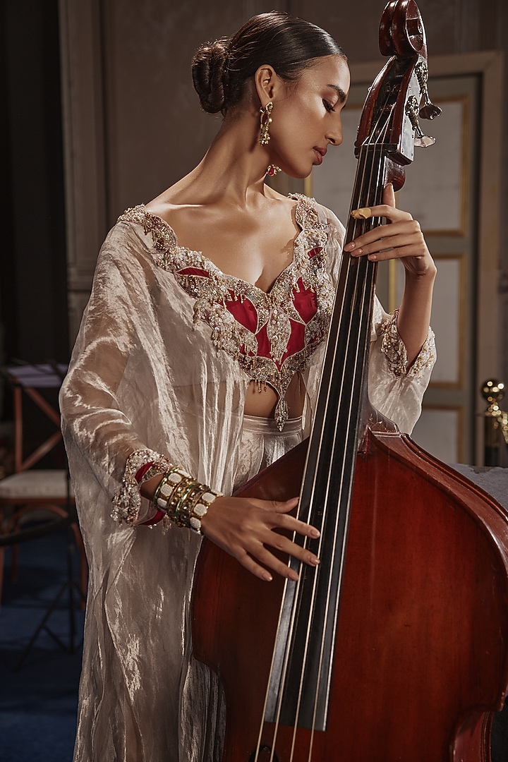 Silver Foil Tissue Palazzo Set by Ridhima Bhasin at Pernia's Pop Up Shop